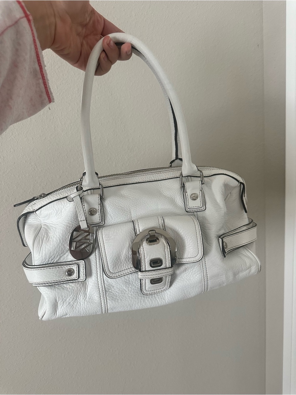 Anne Klein White Leather Large Baguette Handbag with Silver Hardware